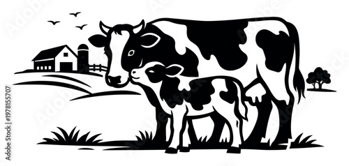 Cow and her calf with a farmhouse and silo in the background, symbolizing dairy farming, agriculture, and rural life