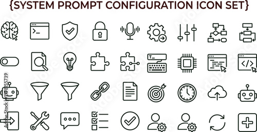System prompt configuration outline icon set for analytics dashboards applications interfaces workflow automation settings and digital technology management platforms