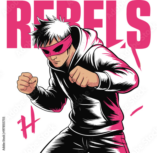 An illustration of a hooded young rebel wearing a pink mask