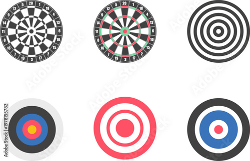 Vector set of dartboard and archery target icons in various styles for sports and business