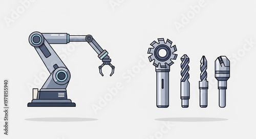 Industrial robotic arm and precision cutting tools illustration.