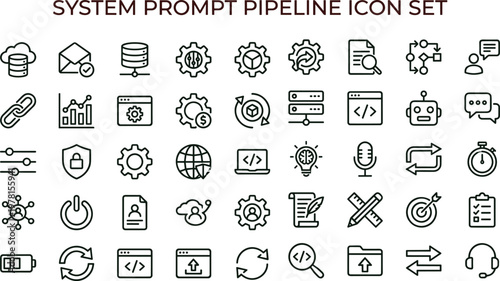 System prompt pipeline outline icon set for analytics dashboards applications interfaces workflow automation integration and digital technology process platforms