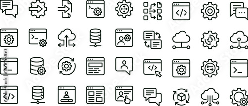 Technology workflow automation outline icon set for analytics dashboards applications interfaces cloud integration coding and digital system management platforms