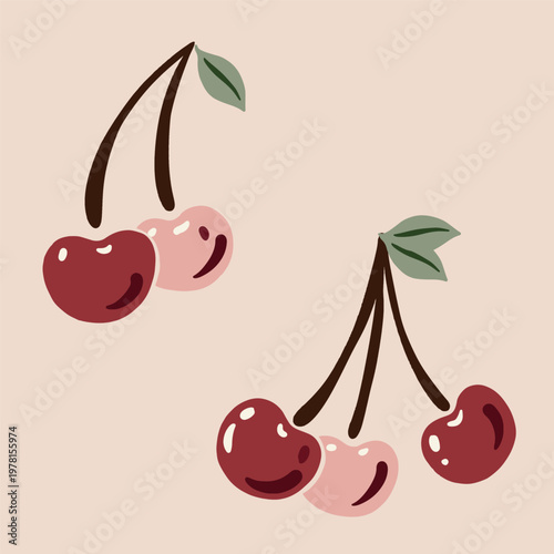 Pink and Red Cherry Twigs Vector Isolated Element Set