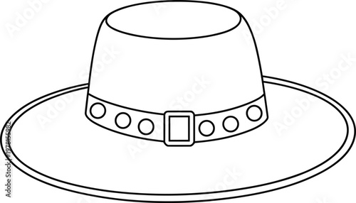 Simple black and white line art illustration of a traditional pilgrim hat