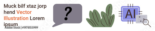 Artificial intelligence, technology advancement, data analysis, nature integration, curiosity, communication. Illustrated question mark with speech bubble, plants, AI chip with connected nodes