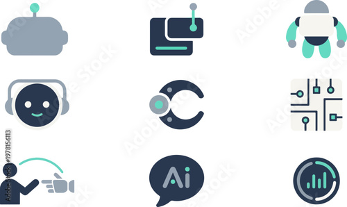 A collection of modern flat design vector icons representing ai, robots, and technology concepts in cool tones on a white background.