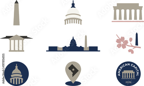 Flat design icons depict washington d.c. landmarks like the u.s. capitol and washington monument, in a muted patriotic palette on white.