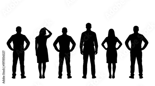 Silhouette of a diverse group of business people standing in a row on transparent Background. Black Vector set of diverse human silhouettes in standing poses. Perfect for Banner, presentation, logo.