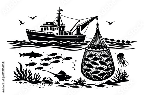 Commercial fishing vessel dropping and retrieving a large net with many fish, depicting the marine environment with various sea creatures