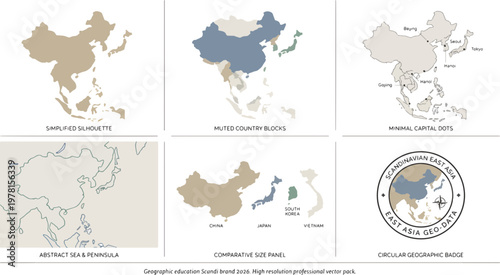 Six minimalist vector maps of east asia, including china, illustrating geographic data and country comparisons with muted colors on a clean white background.