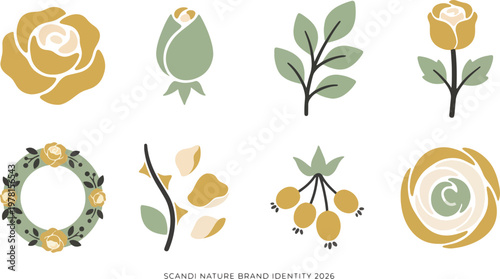 A collection of minimalist scandinavian vector floral elements in muted gold and green, featuring roses, leaves, and berries, isolated on white.