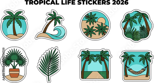 A vibrant collection of 8 distinct flat vector tropical life stickers depicting palm trees, beaches, and waves on a white background, evoking a summery mood.