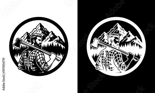 Hunter with rifle standing in front of mountain range landscape