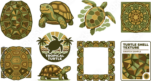 Vector collection of sea turtles, showcasing poses, shell patterns, and tropical elements in green and brown, isolated on white.
