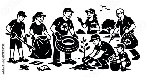 Diverse volunteers of all ages collaborating on a community project, collecting trash, planting a tree, and promoting ecology