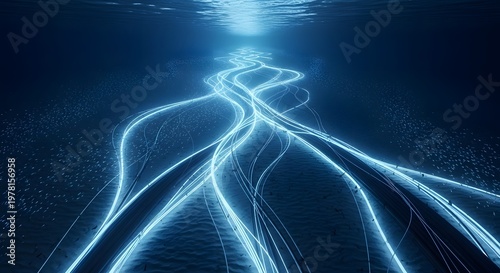Abstract blue glowing energy lines flowing underwater, representing data flow and connectivity