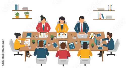Professional colleagues collaborate during a productive business meeting around a large conference table in a modern office setting.