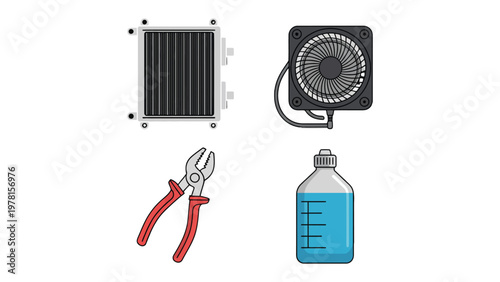 Cooling System Components: A collection of essential components for a computer liquid cooling system, showcasing a radiator, fan, wire cutter, and coolant bottle