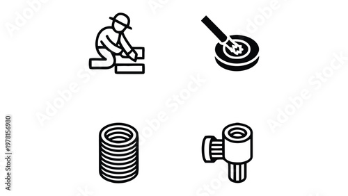 Work Icon Set: An assortment of line art icons representing various aspects of the construction and industry, Ideal for design and informative resources. 