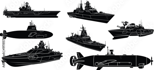 Black silhouettes of various naval vessels, including ships and submarines boats military