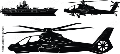 Black silhouettes of a naval ship and two helicopters, against a white background, warship