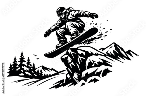 Snowboarder in action, jumping off a cliff, capturing extreme winter sports and adventure in a high-contrast ink style illustration