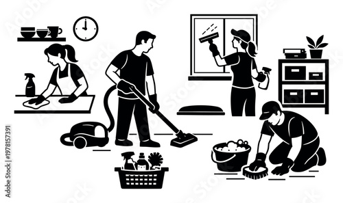 Cleaning staff performing various tasks like vacuuming, window washing, scrubbing floors, and wiping surfaces for hygiene and order