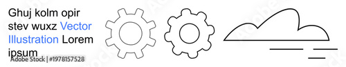 Technology, innovation, creativity, engineering, manufacturing, process flow. Two gear symbols and a cloud outline with linear design. Technology and engineering
