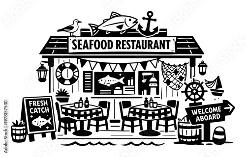 Seafood restaurant vector cartoon illustration, showcasing a nautical and marine theme with tables, chairs, and various decorative elements