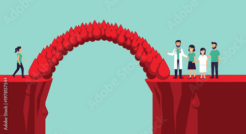 Blood Drop Bridge Connecting Woman to Doctor Family Symbolizing Life Saving Donation