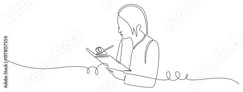 a single line drawing of a student writing carefully in a textbook. a single line vector drawing