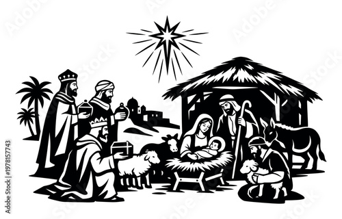 Drawing of the original Christmas story, showing the Holy Family and visitors in a stable with animals