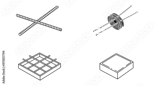 Reinforced Concrete Construction: An illustrated overview showcasing various aspects of reinforced concrete structures, from steel bars to finished products. 