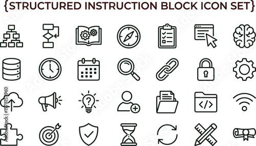 Structured instruction block outline icon set for workflow automation analytics dashboards applications interfaces coding and digital system architecture platforms