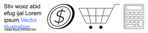 Financial planning, online shopping, retail, e-commerce, budgeting, accounting. Coin symbol, shopping cart calculator icons in black and white. Financial planning and online shopping