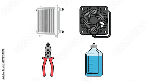 Computer hardware components: Four images detailing key computer hardware parts, including a fan, liquid, cooler, plier and cooler, perfect for tech-related projects.