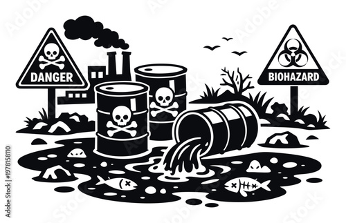 Industrial waste pouring from barrels into contaminated water with dead fish, symbolizing environmental pollution and ecological disaster
