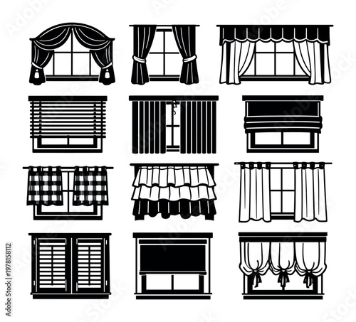 Collection of window frame models with different curtain types, blinds, drapes, and shutters for interior design