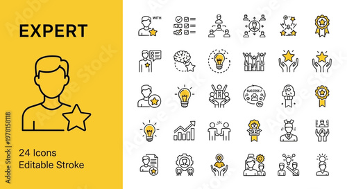 Vector line icons illustrating professional development, skill enhancement, and career growth concepts, perfect for business success and expert recognition visuals