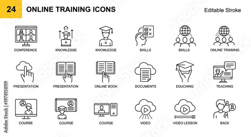 Collection of line icons for online training and education, including video lessons, digital books, and knowledge sharing