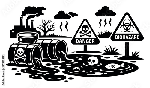 Smoke billows from factory chimneys as barrels overflow with harmful chemicals, contaminating water and posing a biohazard risk to fish