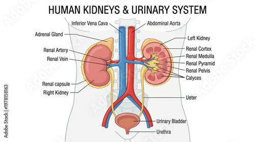 Detailed diagram of the human kidneys and urinary system showing major organs and blood vessels with labels.