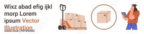 Shipping, logistics, inventory management, supply chain, delivery services, remote monitoring. Pallet jack with boxes, a box close-up worker with tablet. Logistics and inventory management