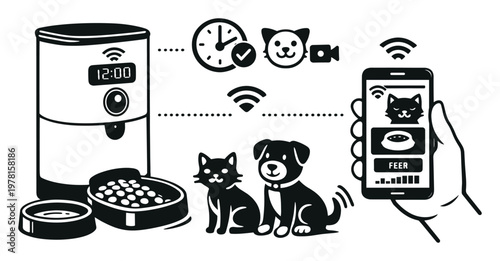 Automatic pet feeder delivering food on schedule, managed remotely through a smartphone app, ensuring pet well-being
