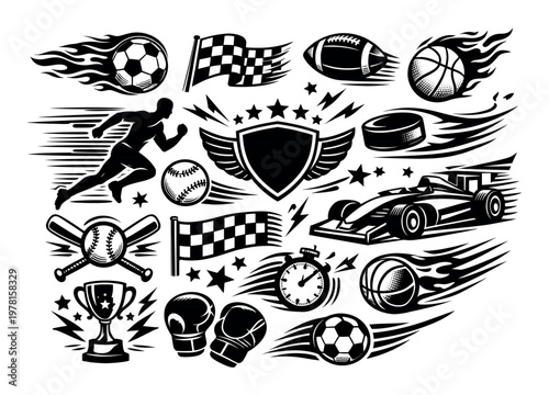 Various monochrome sport symbols illustrating competition, success, and athletic performance with racing, ball games, and awards
