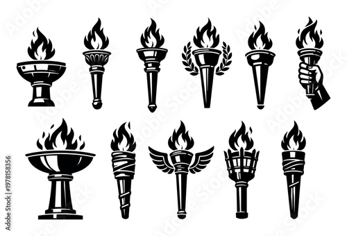 Set of vector style torches with flames, symbolizing achievement, light, leadership, and ancient history