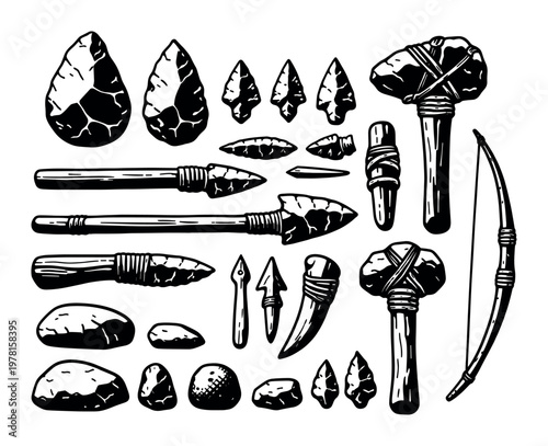 Prehistoric tools and weapons, a stone age collection for hunting and daily life, depicting ancient human technology and survival