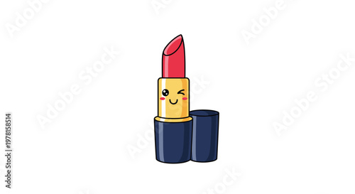 Cute cartoon lipstick character in gold and blue case with a winking facial expression on white background for beauty.