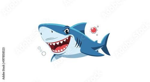 Enthusiastic cartoon shark character with a wide open mouth and sharp white teeth swimming happily on a white background.